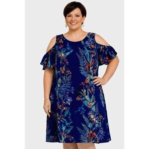 City Streets Women’s 22W Blue Floral Cold Shoulder Dress Plus Size Ruffle Sleeve